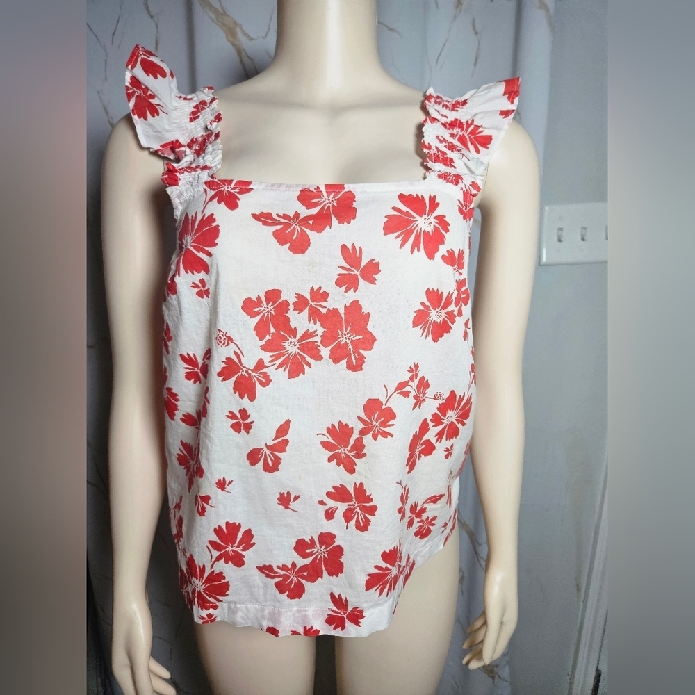 Floral Ruffle Sleeve Top - Red and White